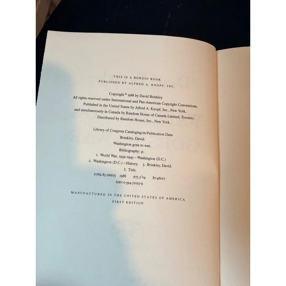 Washington Goes to War David Brinkley 1988 First Edition Hardcover Knopf WWII